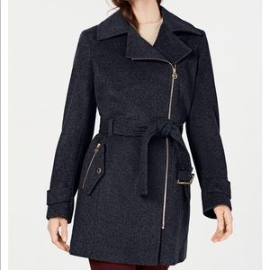 Micheal Kors asymmetrical belted pea coat jacket 2 0 xs 0 navy 🎁 birthday blue